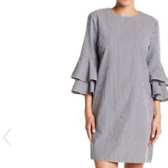 BEACH LUNCH LOUNGE GINGHAM RUFFLE 3/4 SLEEVE MIDI DRESS MEDIUM - Picture 1 of 15